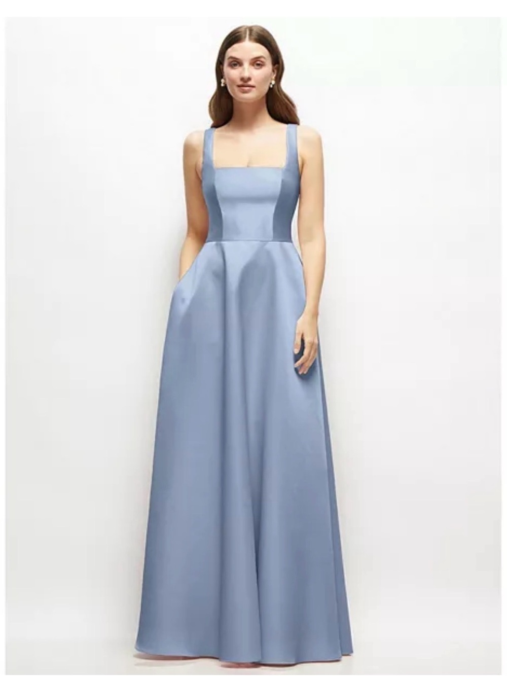 Dessy Collection Dusty Blue Satin Square-Neck Bridesmaid Gown